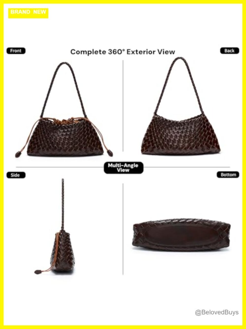 Woven Vegan Leather Shoulder Purse with Drawstring Pouch, Braided Strap Hobo - Picture 2 of 4
